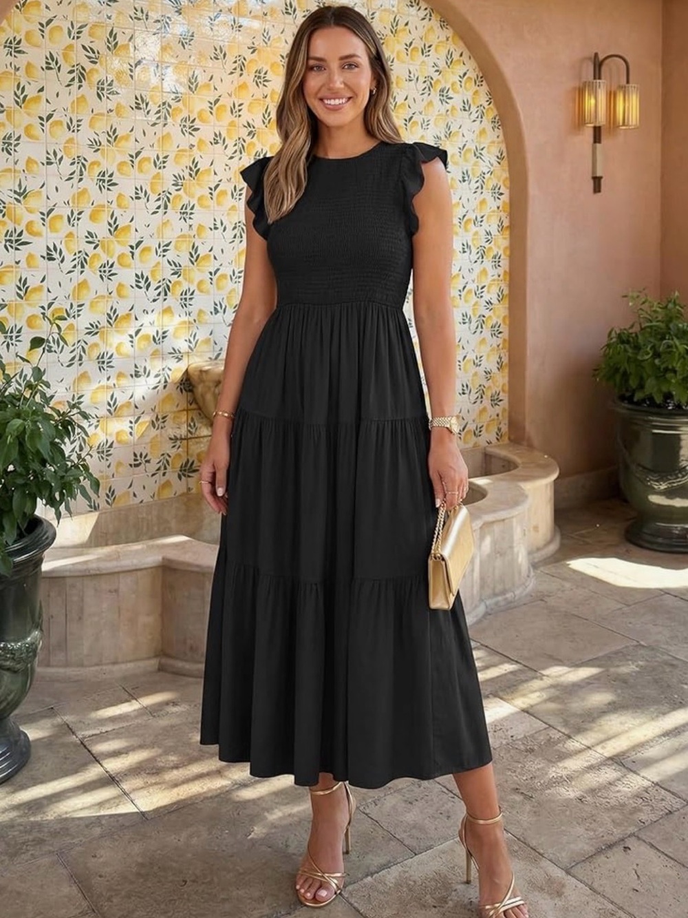 Smocked Bodice Black Midi Dress with Ruffle Cap Sleeves